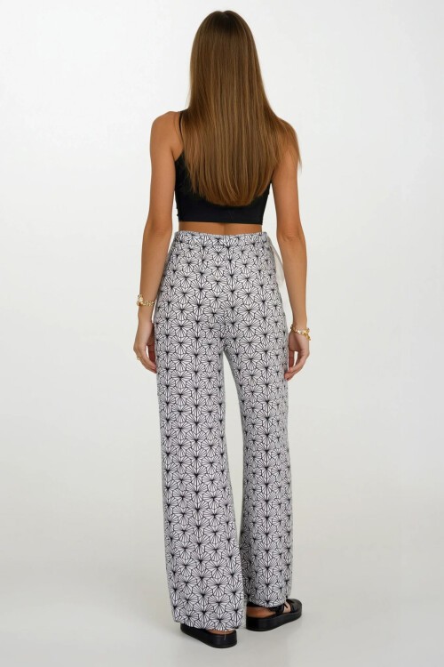 Siyah-Çizgili Beli Lastikli Bağcıklı Desenli Viskon Palazzo Pantolon