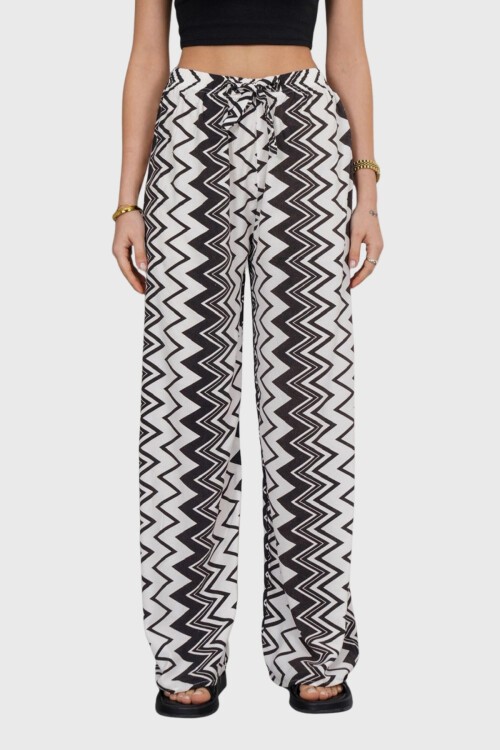 Siyah-Beyaz Beli Lastikli Bağcıklı Desenli Viskon Palazzo Pantolon
