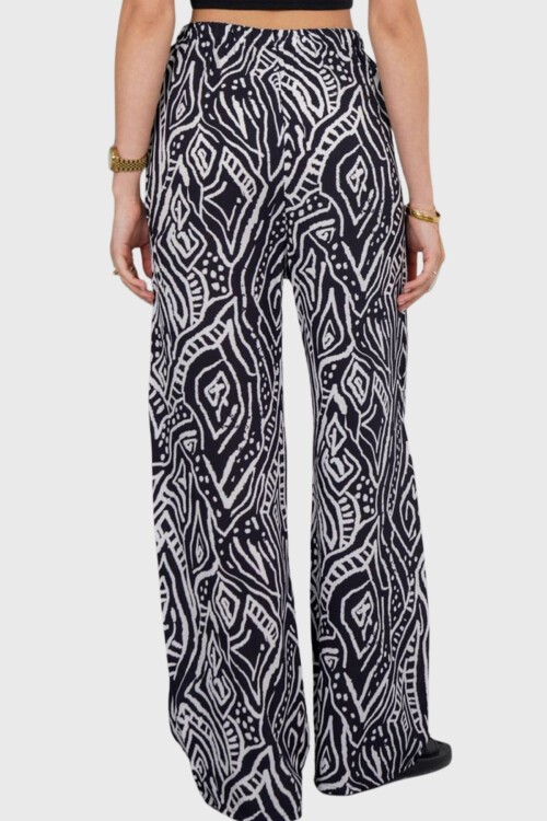 Beyaz Çizgili Beli Lastikli Bağcıklı Desenli Viskon Palazzo Pantolon