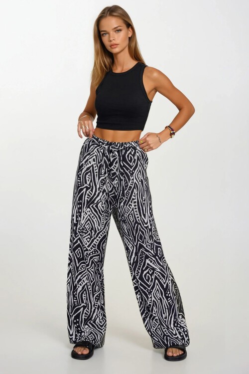 Beyaz Çizgili Beli Lastikli Bağcıklı Desenli Viskon Palazzo Pantolon