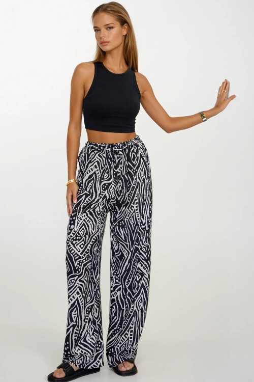 Beyaz Çizgili Beli Lastikli Bağcıklı Desenli Viskon Palazzo Pantolon