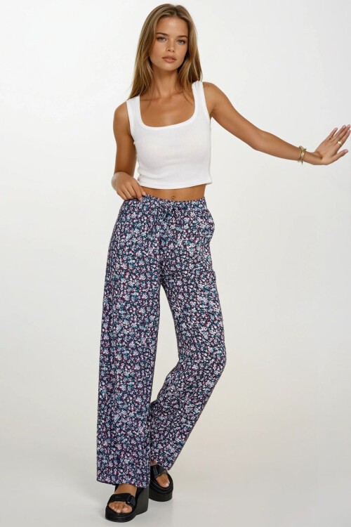 Beyaz-Mavi Beli Lastikli Bağcıklı Desenli Viskon Palazzo Pantolon