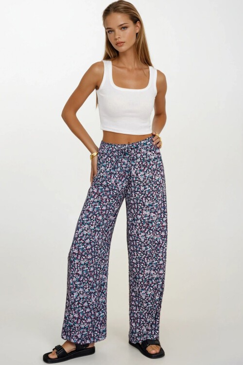 Beyaz-Mavi Beli Lastikli Bağcıklı Desenli Viskon Palazzo Pantolon