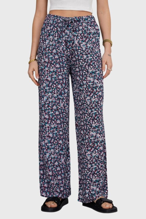 Beyaz-Mavi Beli Lastikli Bağcıklı Desenli Viskon Palazzo Pantolon