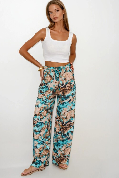 Mavi-Bej Beli Lastikli Bağcıklı Desenli Viskon Palazzo Pantolon