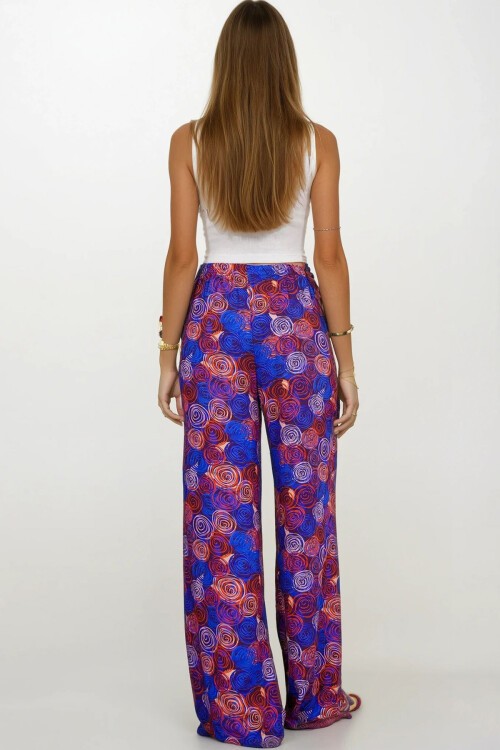 Mix Beli Lastikli Bağcıklı Desenli Viskon Palazzo Pantolon