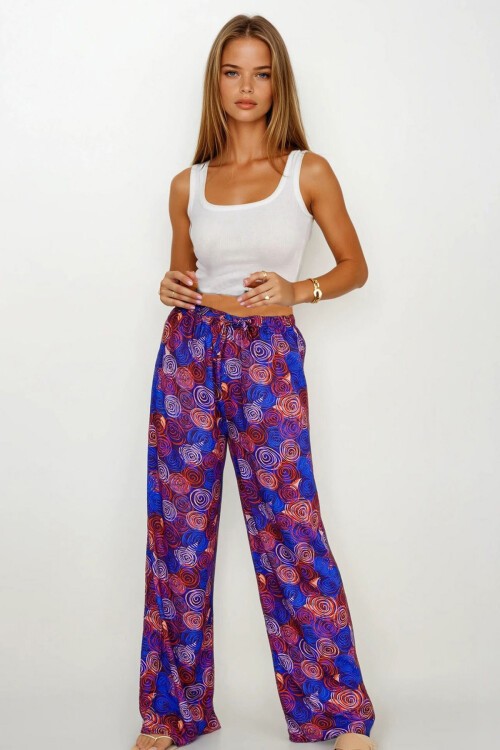 Mix Beli Lastikli Bağcıklı Desenli Viskon Palazzo Pantolon