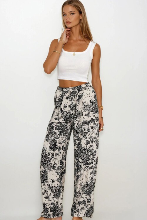 Siyah-Bej Beli Lastikli Bağcıklı Desenli Viskon Palazzo Pantolon
