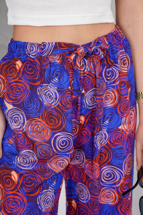 Mix Beli Lastikli Bağcıklı Desenli Viskon Palazzo Pantolon