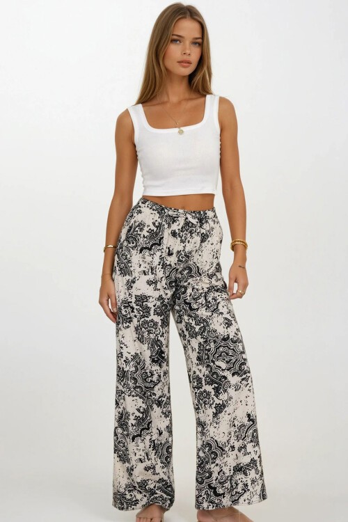 Siyah-Bej Beli Lastikli Bağcıklı Desenli Viskon Palazzo Pantolon