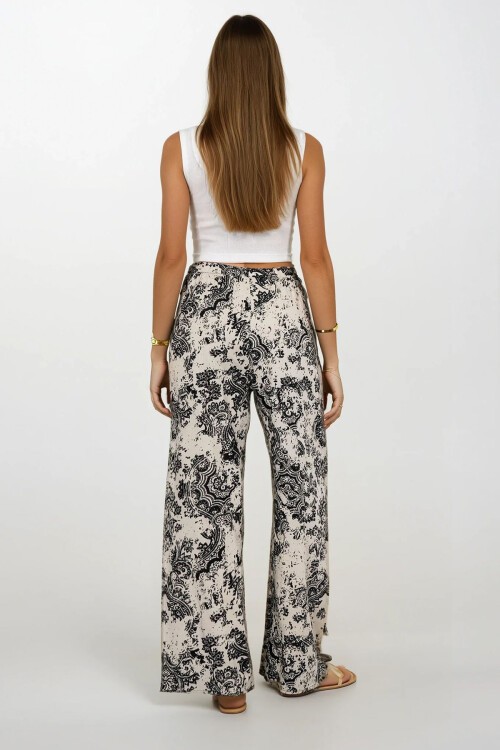 Siyah-Bej Beli Lastikli Bağcıklı Desenli Viskon Palazzo Pantolon