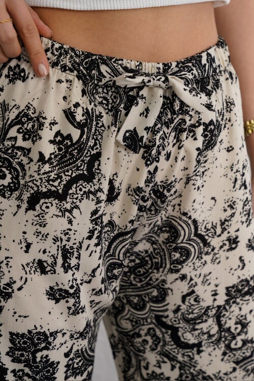 Siyah-Bej Beli Lastikli Bağcıklı Desenli Viskon Palazzo Pantolon