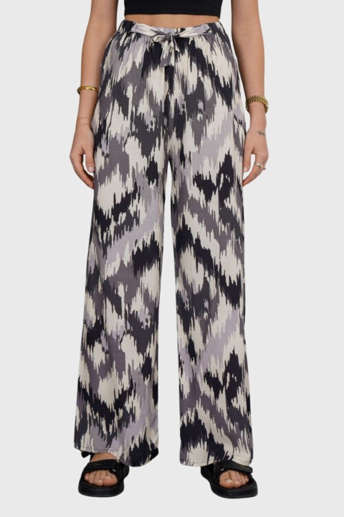 Siyah-Ekru Beli Lastikli Bağcıklı Desenli Viskon Palazzo Pantolon