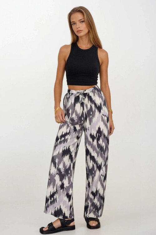 Siyah-Ekru Beli Lastikli Bağcıklı Desenli Viskon Palazzo Pantolon