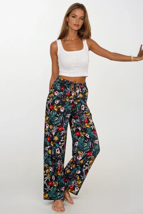 Yeşil Çiçekli Beli Lastikli Bağcıklı Desenli Viskon Palazzo Pantolon