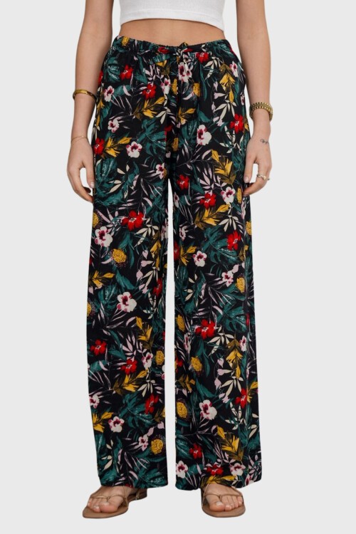 Yeşil Çiçekli Beli Lastikli Bağcıklı Desenli Viskon Palazzo Pantolon
