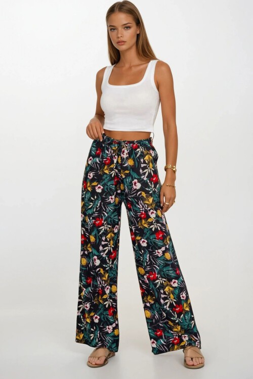Yeşil Çiçekli Beli Lastikli Bağcıklı Desenli Viskon Palazzo Pantolon