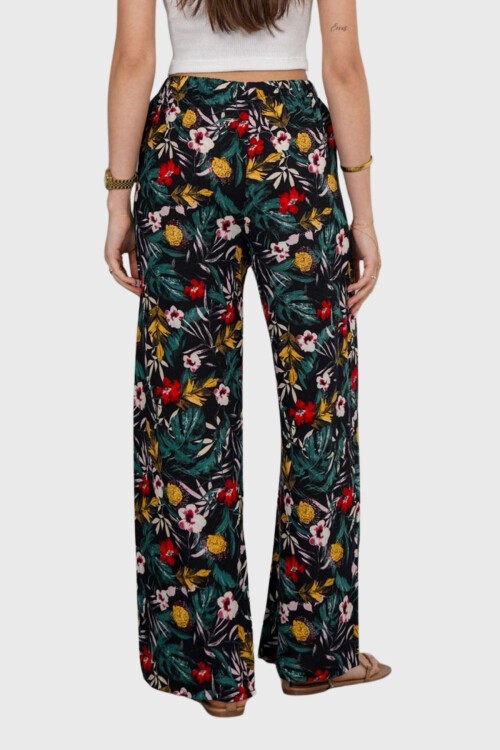 Yeşil Çiçekli Beli Lastikli Bağcıklı Desenli Viskon Palazzo Pantolon