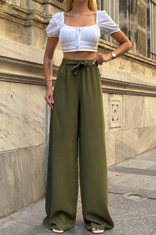 Haki Beli Lastikli Bağcıklı Yüksek Bel Bol Paça Pantolon