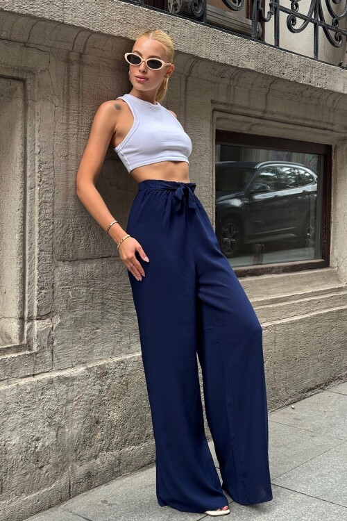Lacivert Beli Lastikli Bağcıklı Yüksek Bel Bol Paça Pantolon