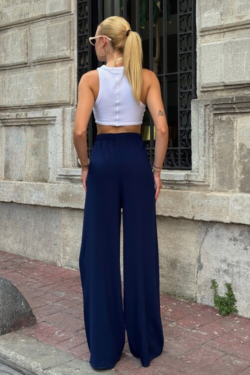 Lacivert Beli Lastikli Bağcıklı Yüksek Bel Bol Paça Pantolon