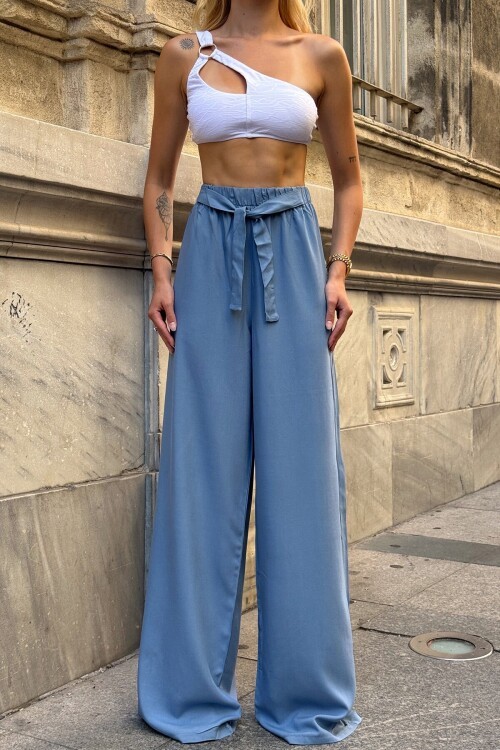 Mavi Beli Lastikli Bağcıklı Yüksek Bel Bol Paça Pantolon