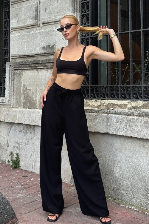 Siyah Beli Lastikli Bağcıklı Yüksek Bel Bol Paça Pantolon