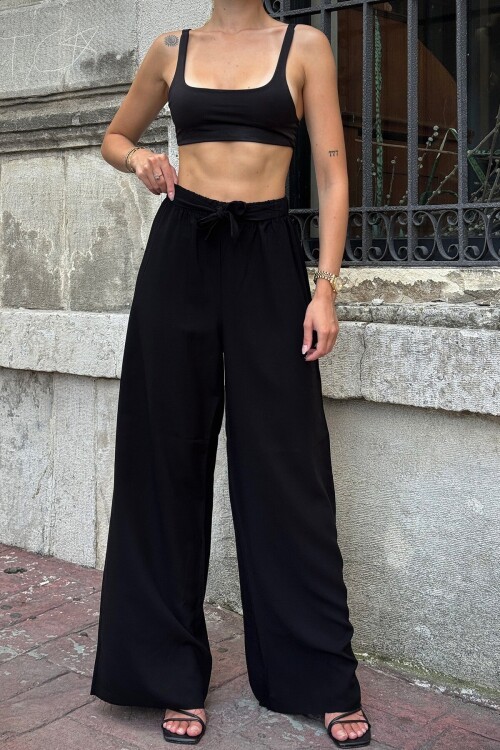 Siyah Beli Lastikli Bağcıklı Yüksek Bel Bol Paça Pantolon
