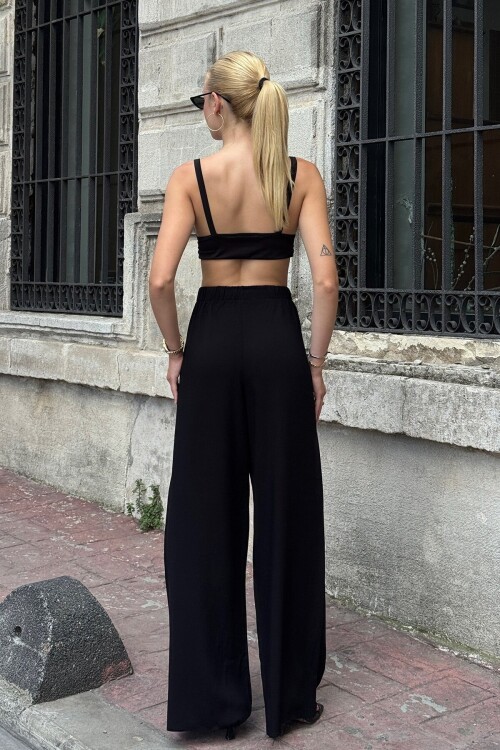 Siyah Beli Lastikli Bağcıklı Yüksek Bel Bol Paça Pantolon