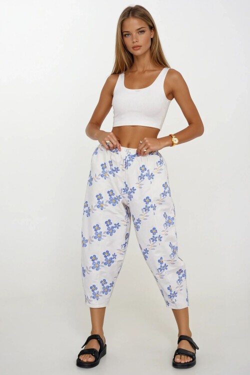 Mavi Beli Lastikli Desenli Keten Pantolon