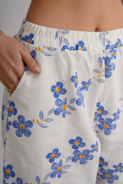 Mavi Beli Lastikli Desenli Keten Pantolon