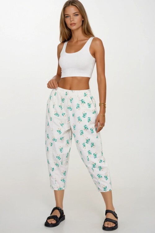 Yeşil Beli Lastikli Desenli Keten Pantolon