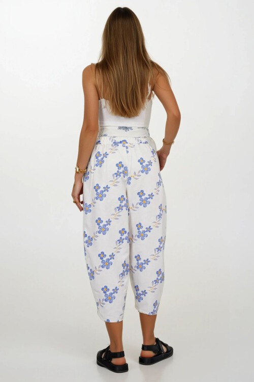 Mavi Beli Lastikli Desenli Keten Pantolon