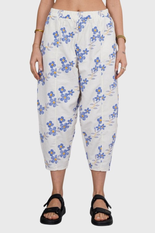 Mavi Beli Lastikli Desenli Keten Pantolon