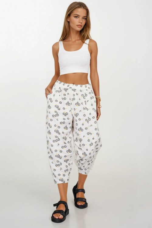 Ekru-Siyah Beli Lastikli Desenli Keten Pantolon