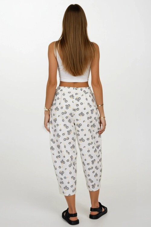 Ekru-Siyah Beli Lastikli Desenli Keten Pantolon