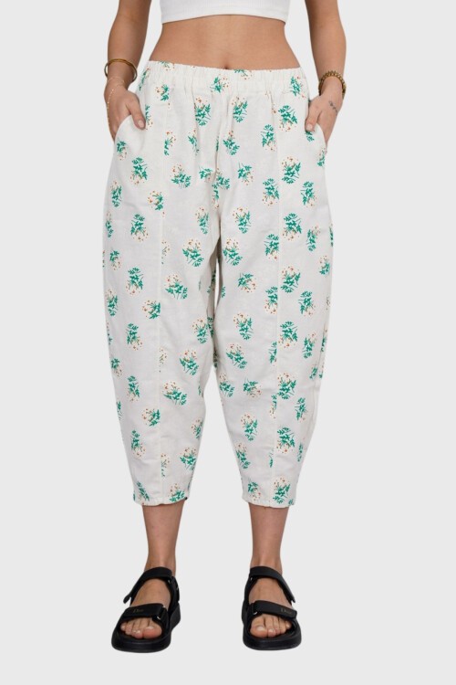 Yeşil Beli Lastikli Desenli Keten Pantolon