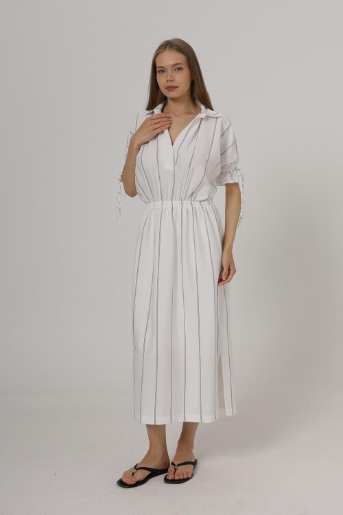Beyaz Gömlek Yaka Beli Ve Kolu Lastikli Çizgili Elbise