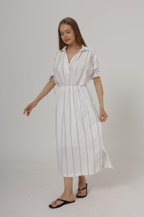 Beyaz Gömlek Yaka Beli Ve Kolu Lastikli Çizgili Elbise