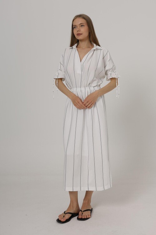 Beyaz Gömlek Yaka Beli Ve Kolu Lastikli Çizgili Elbise