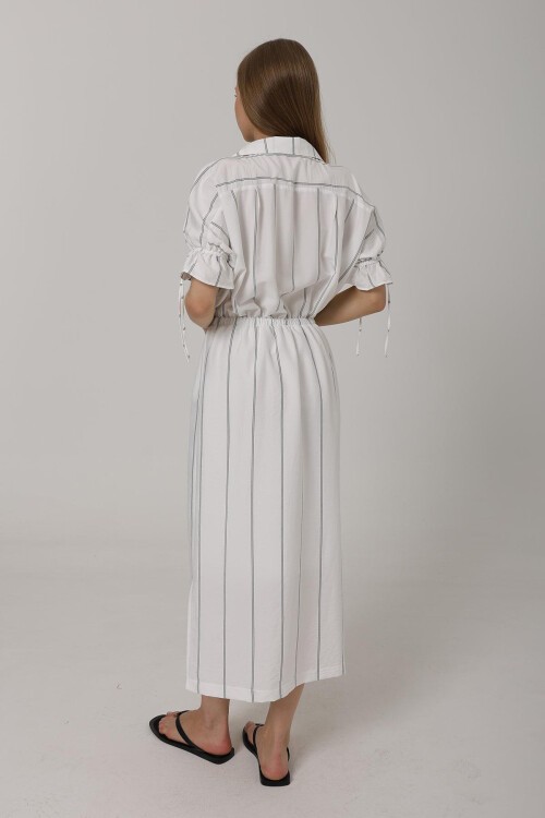 Beyaz Gömlek Yaka Beli Ve Kolu Lastikli Çizgili Elbise