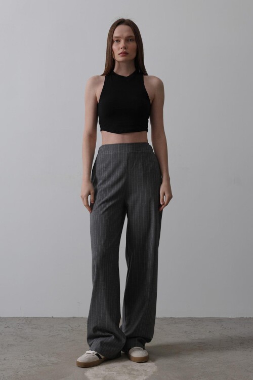 Antrasit Beli Yarım Lastikli Çizgili Palazzo Pantolon