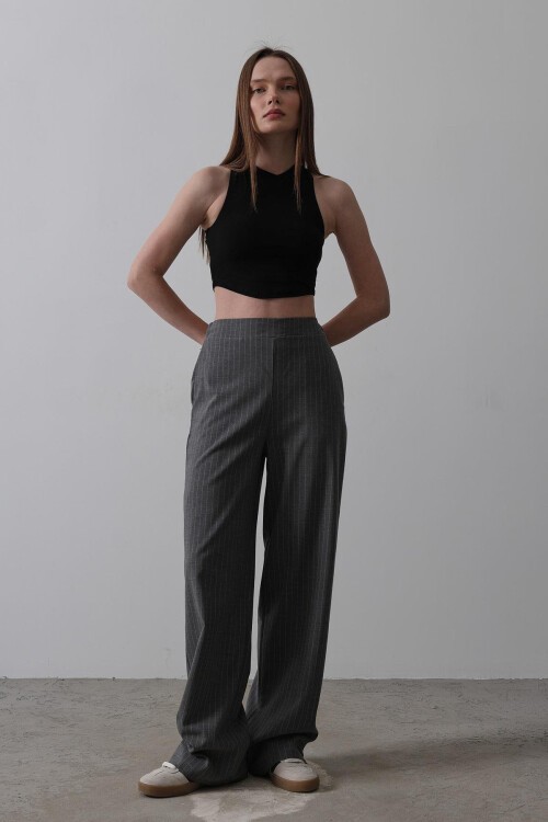 Antrasit Beli Yarım Lastikli Çizgili Palazzo Pantolon