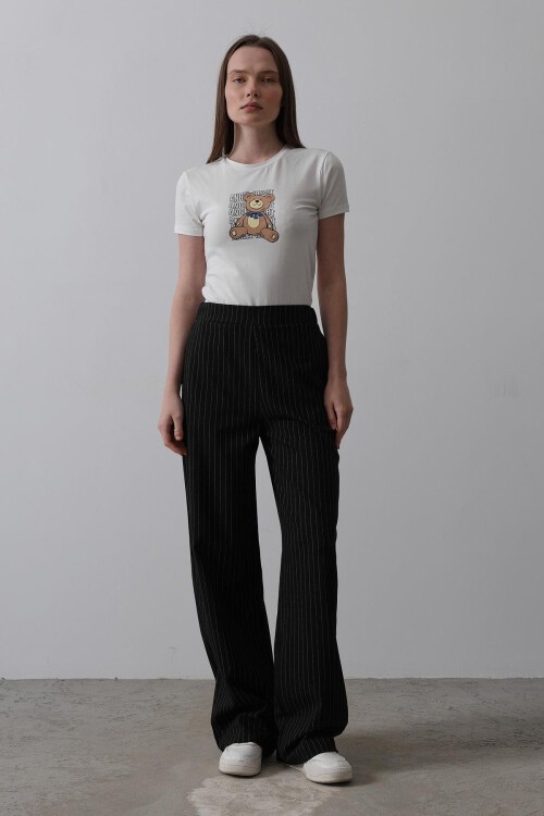 Siyah Beyaz Beli Yarım Lastikli Çizgili Palazzo Pantolon