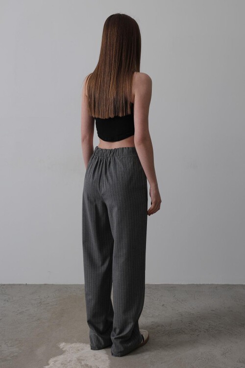 Antrasit Beli Yarım Lastikli Çizgili Palazzo Pantolon