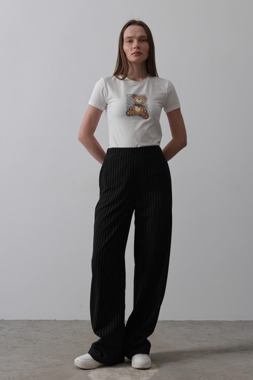 Siyah Beyaz Beli Yarım Lastikli Çizgili Palazzo Pantolon