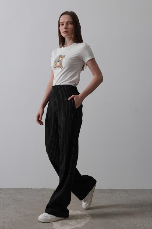 Siyah Beyaz Beli Yarım Lastikli Çizgili Palazzo Pantolon