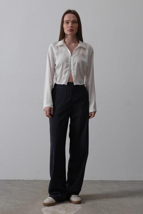 Lacivert Beyaz Beli Yarım Lastikli Çizgili Palazzo Pantolon