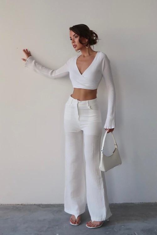 Beyaz Beş Cepli Bol Paça Müslin Pantolon