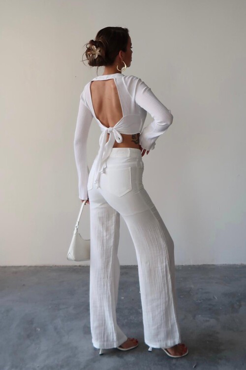 Beyaz Beş Cepli Bol Paça Müslin Pantolon